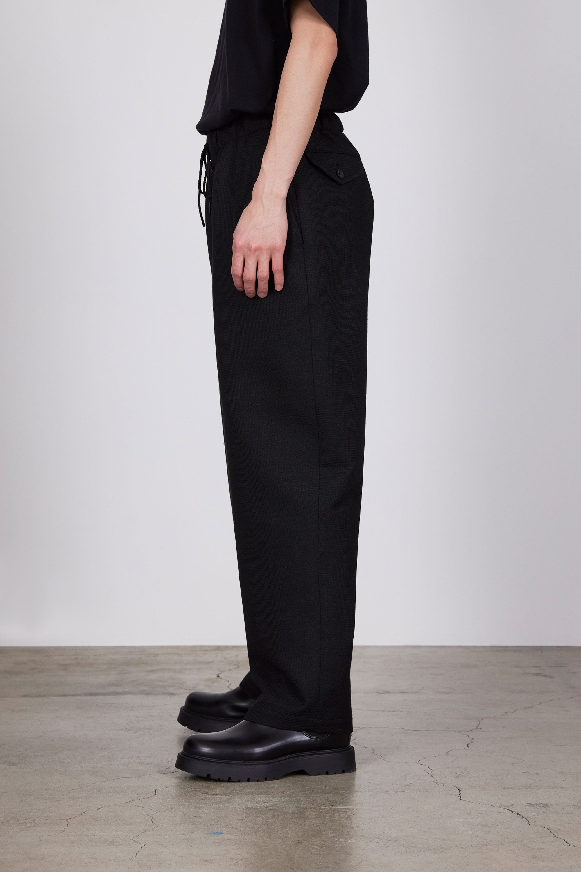 SHETLAND WOOL RECYCLED  POLYESTER DOBBY COCOON WIDE EASY PANTS, Top Black