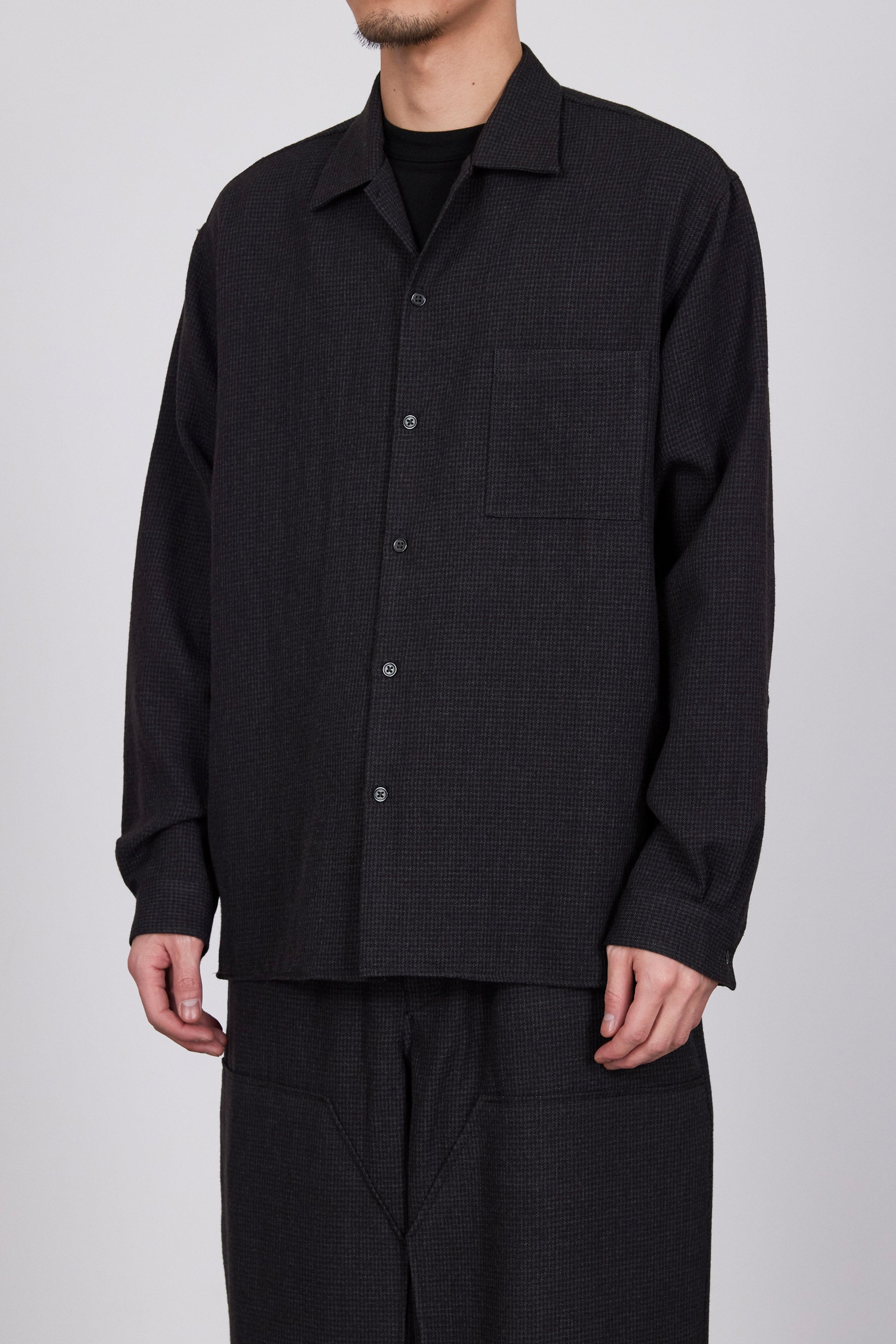 TUMBLED WOOL SERGE OPEN COLLAR SHIRT, Hounds Tooth