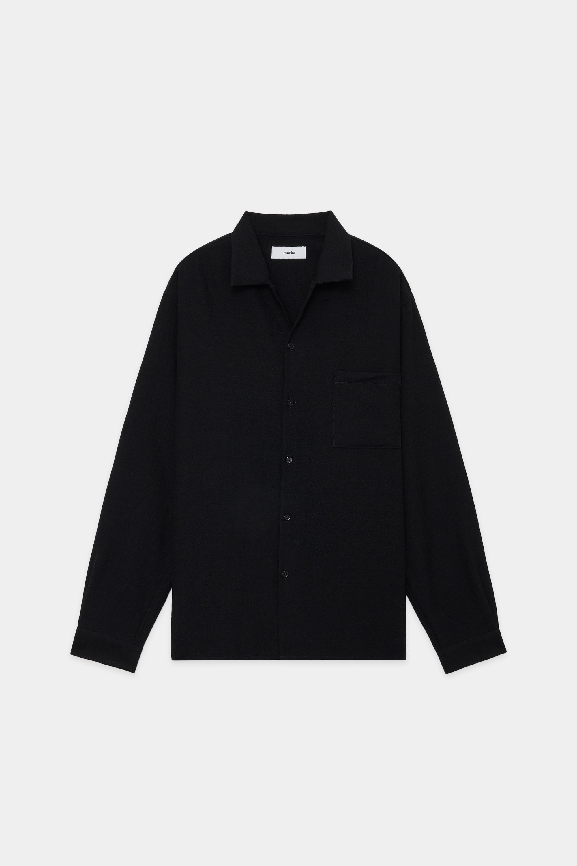 TUMBLED WOOL SERGE OPEN COLLAR SHIRT, Chambray Black