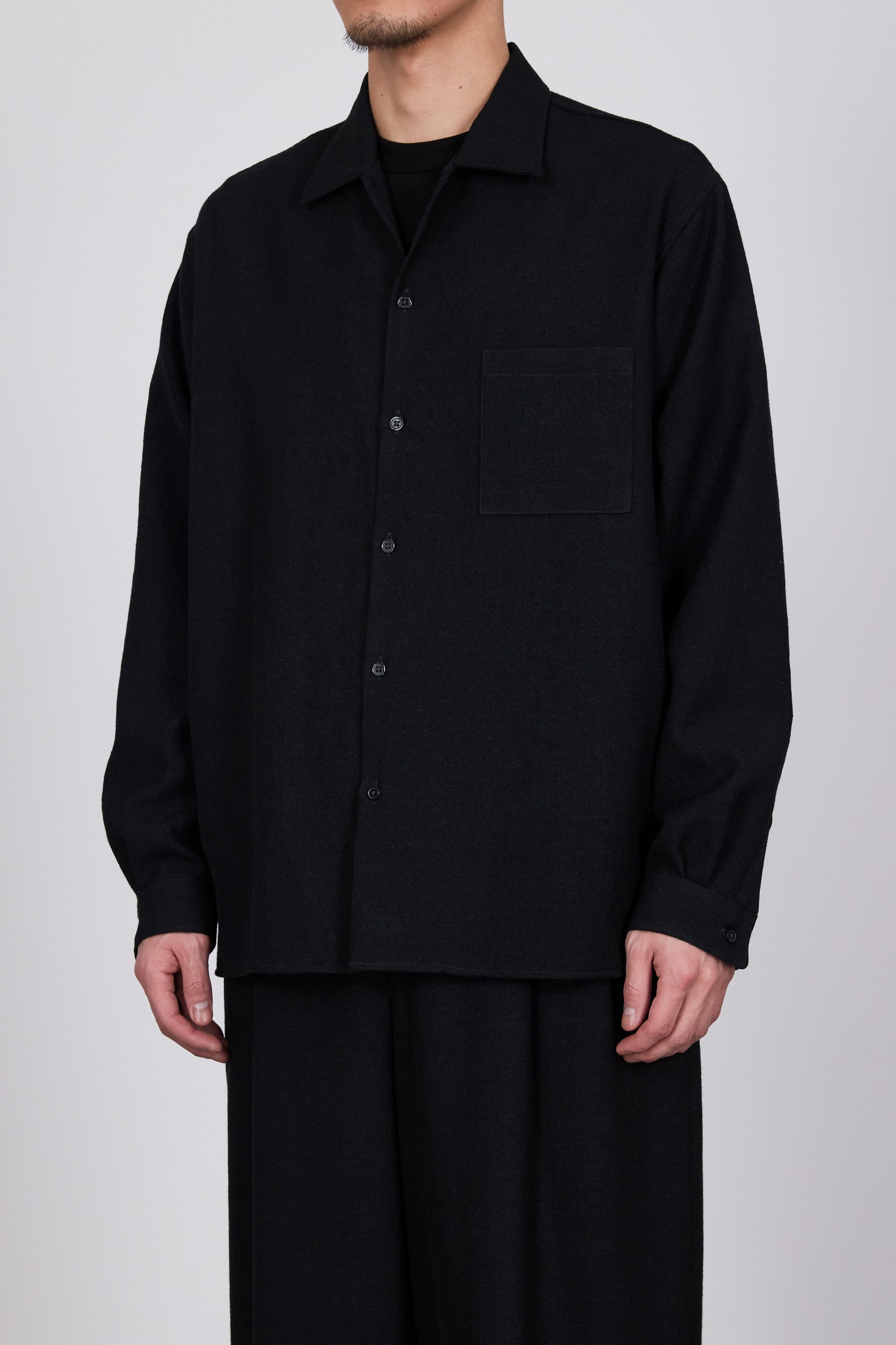 TUMBLED WOOL SERGE OPEN COLLAR SHIRT, Chambray Black