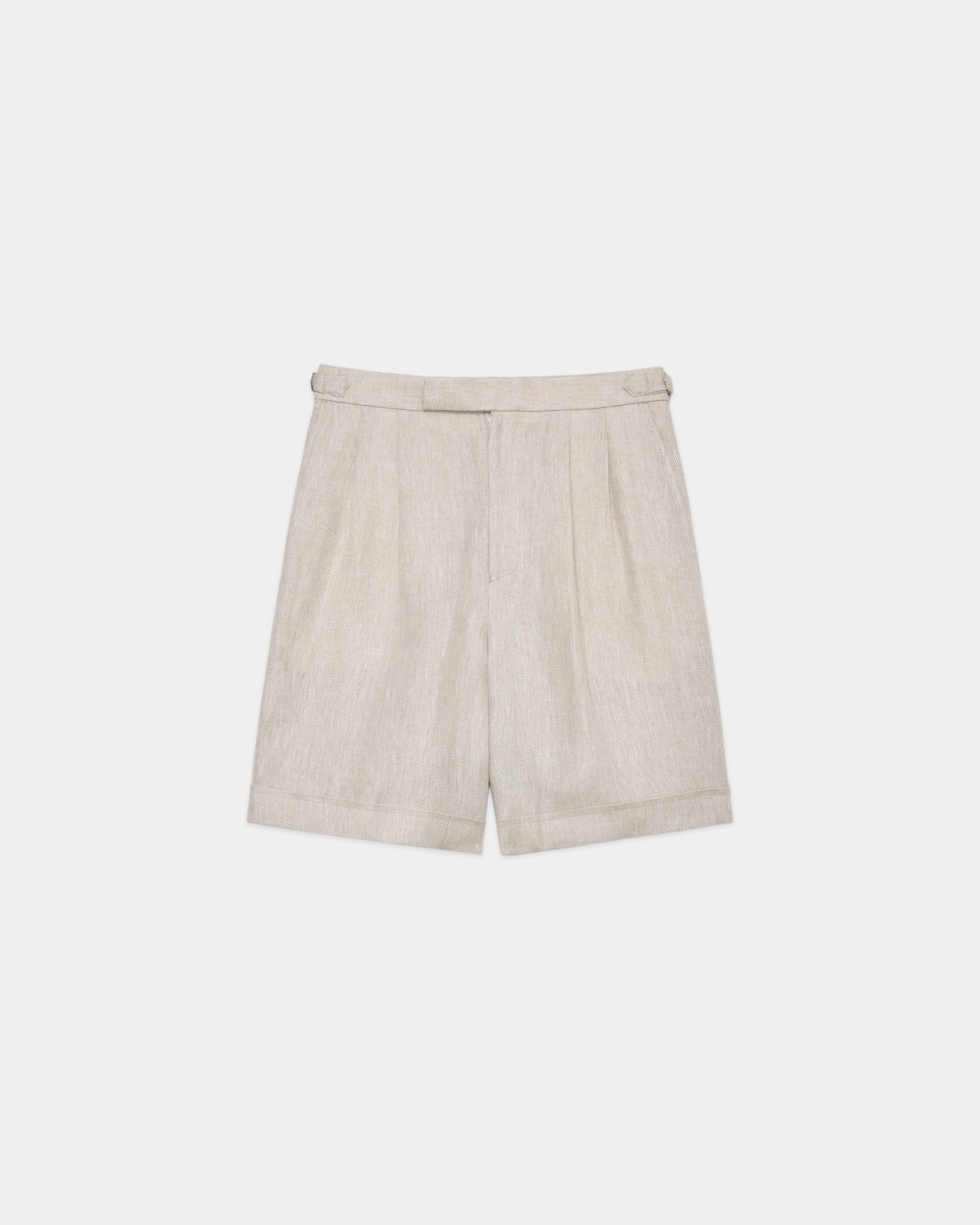 LINEN HERRINGBONE OFFICER TWO TUCK SHORTS, Ecru