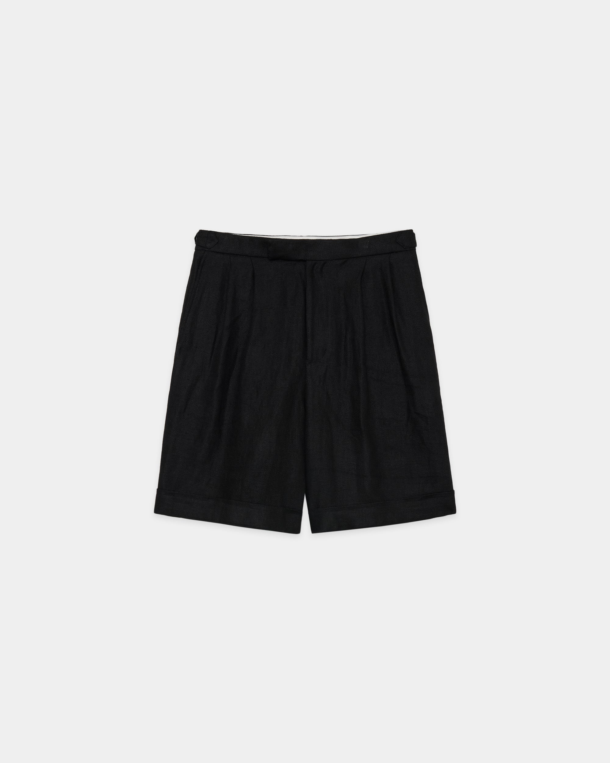 LINEN HERRINGBONE OFFICER TWO TUCK SHORTS, Black