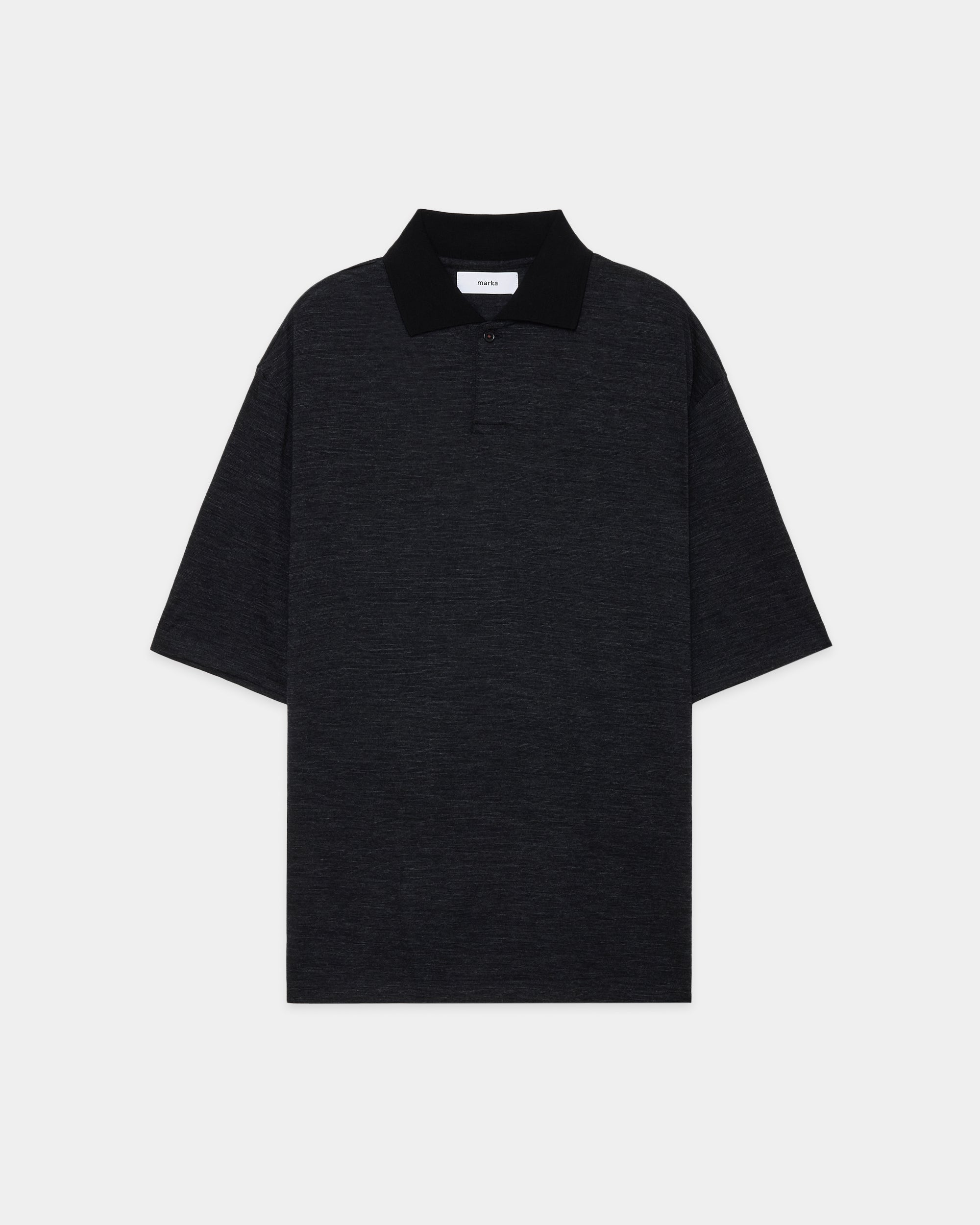 SUPER120's WOOL SINGLE JERSEY WASHABLE ONE BUTTON POLO S/S TEE, Heather Black