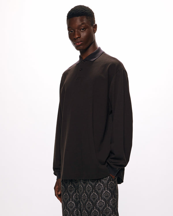 40//1 ORGANIC COTTON HIGH TWISTED PIQUE TWO BUTTON POLO L/S TEE, Ink Black