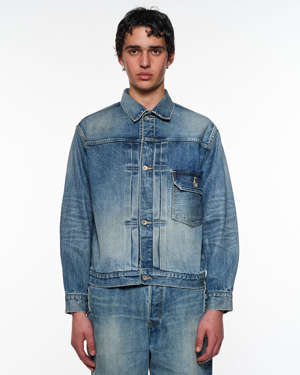 ORGANIC COTTON 13.5oz SELVEDGE DENIM TYPE-1 DENIM JACKET, Used Washed
