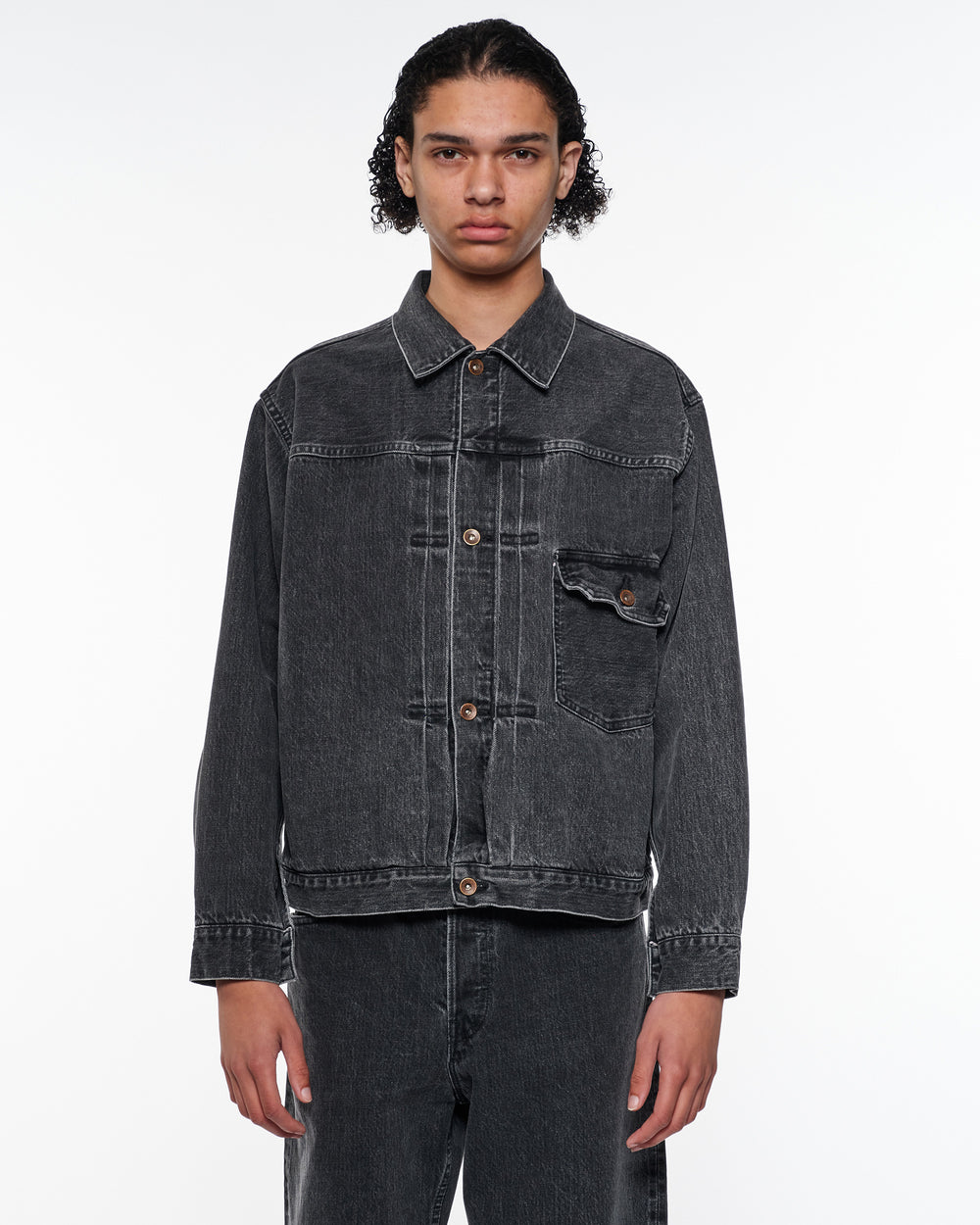 オーガニックコットン 13.5oz セルビッチデニム / Type-1デニムジャケット, Faded Black