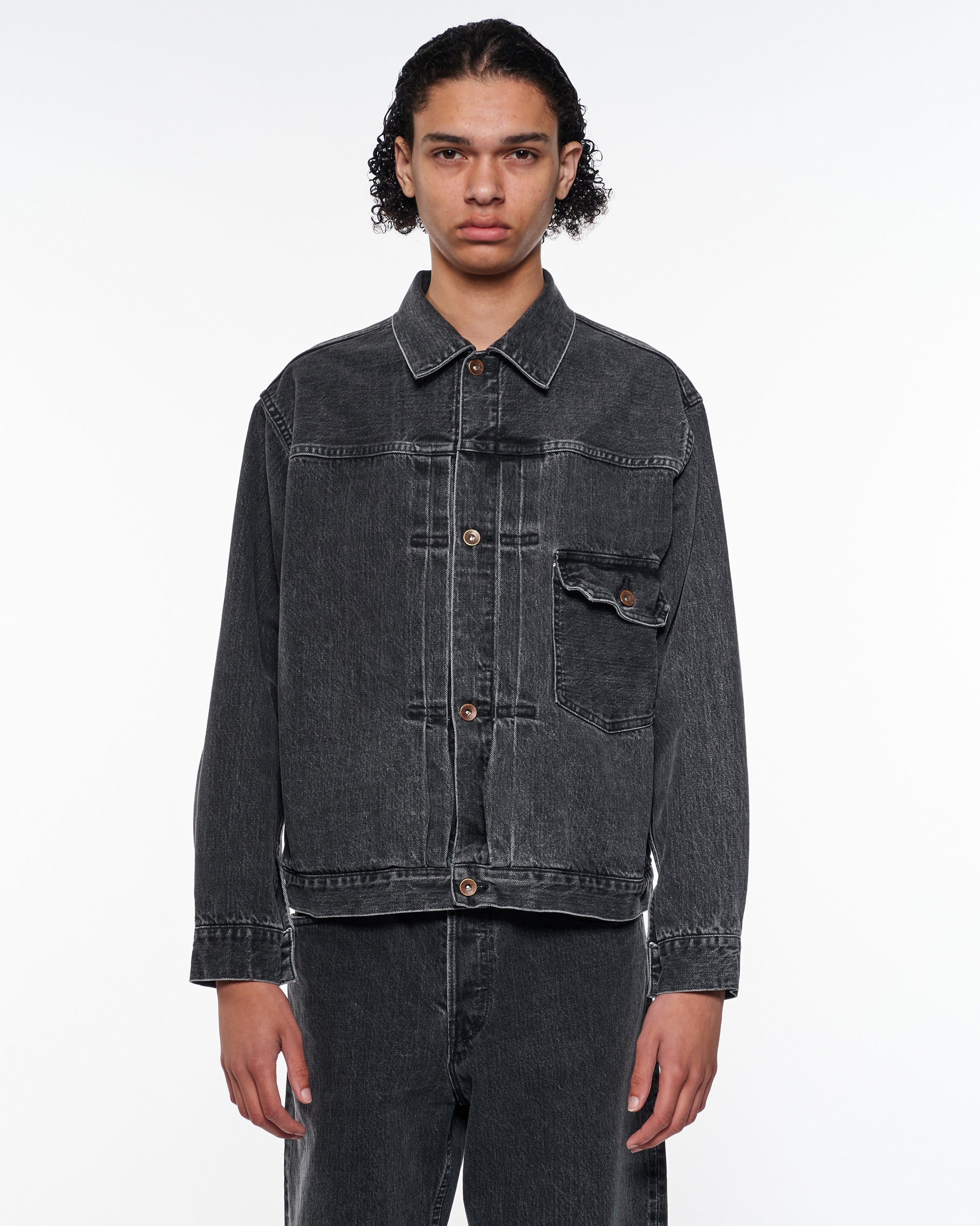 オーガニックコットン 13.5oz セルビッチデニム / Type-1デニムジャケット, Faded Black