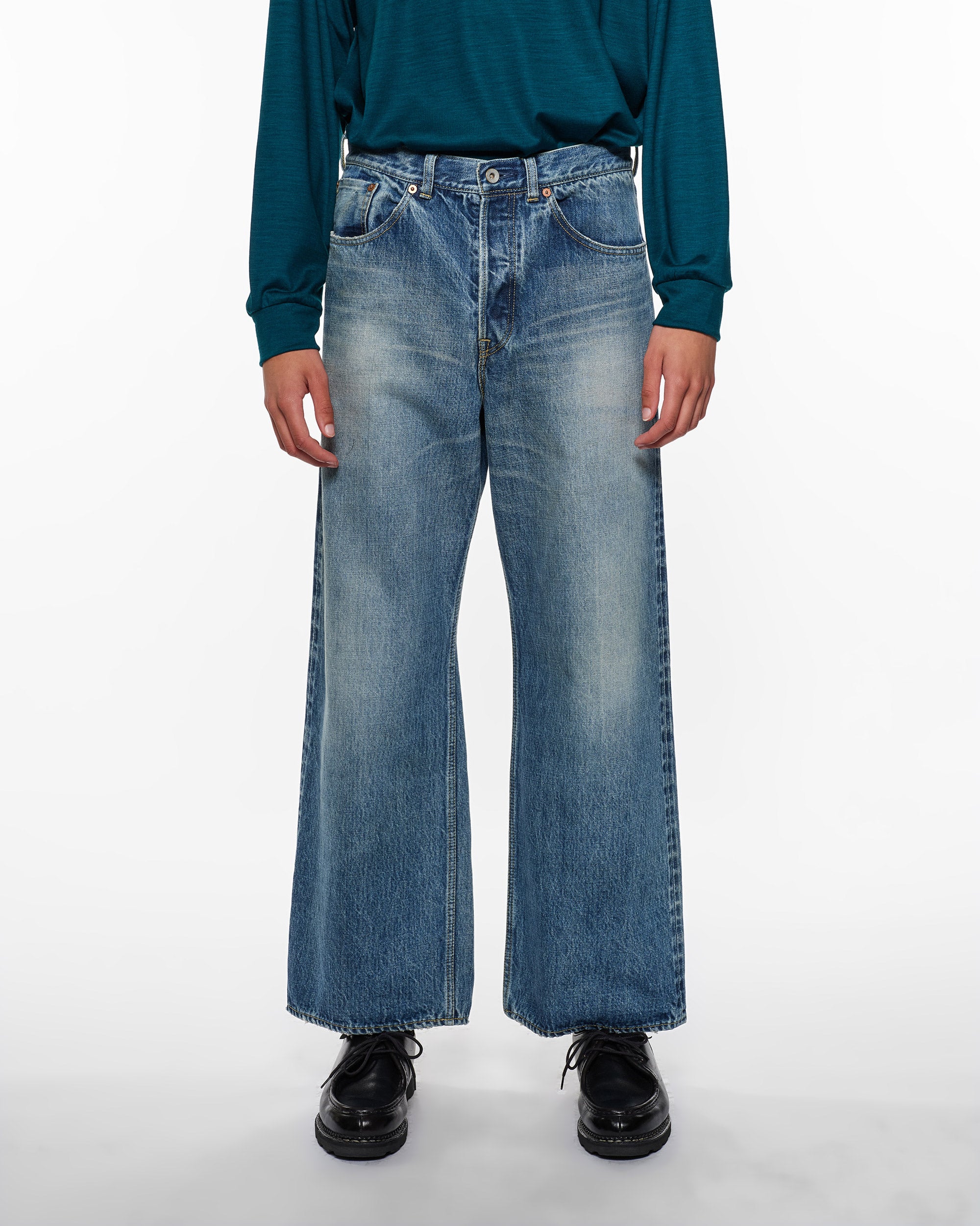 ORGANIC COTTON 13.5oz SELVEDGE DENIM WIDE LEG JEANS, Used Washed