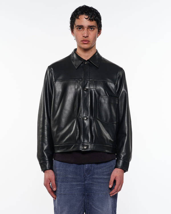 Sheep Leather Leather Trucker Jacket, Black