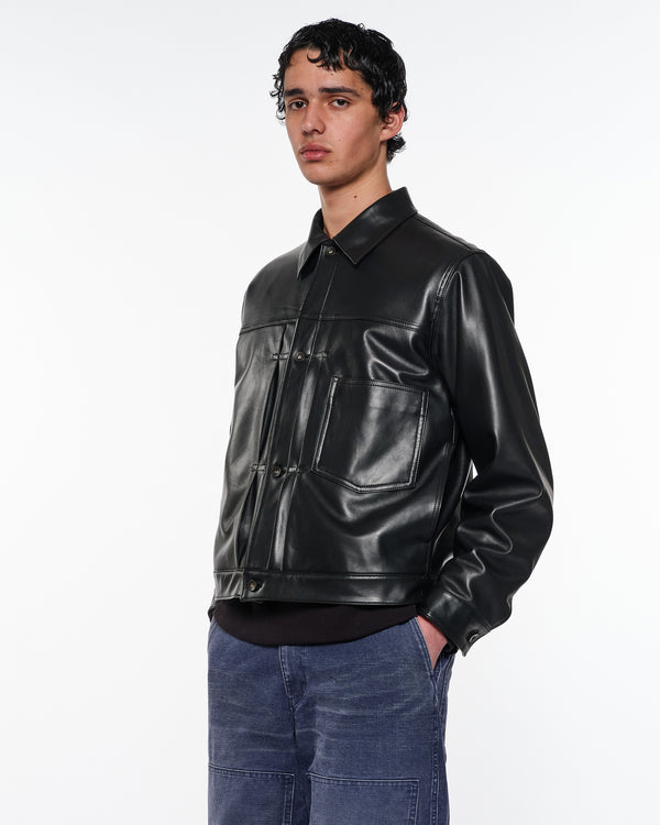 Sheep Leather Leather Trucker Jacket, Black