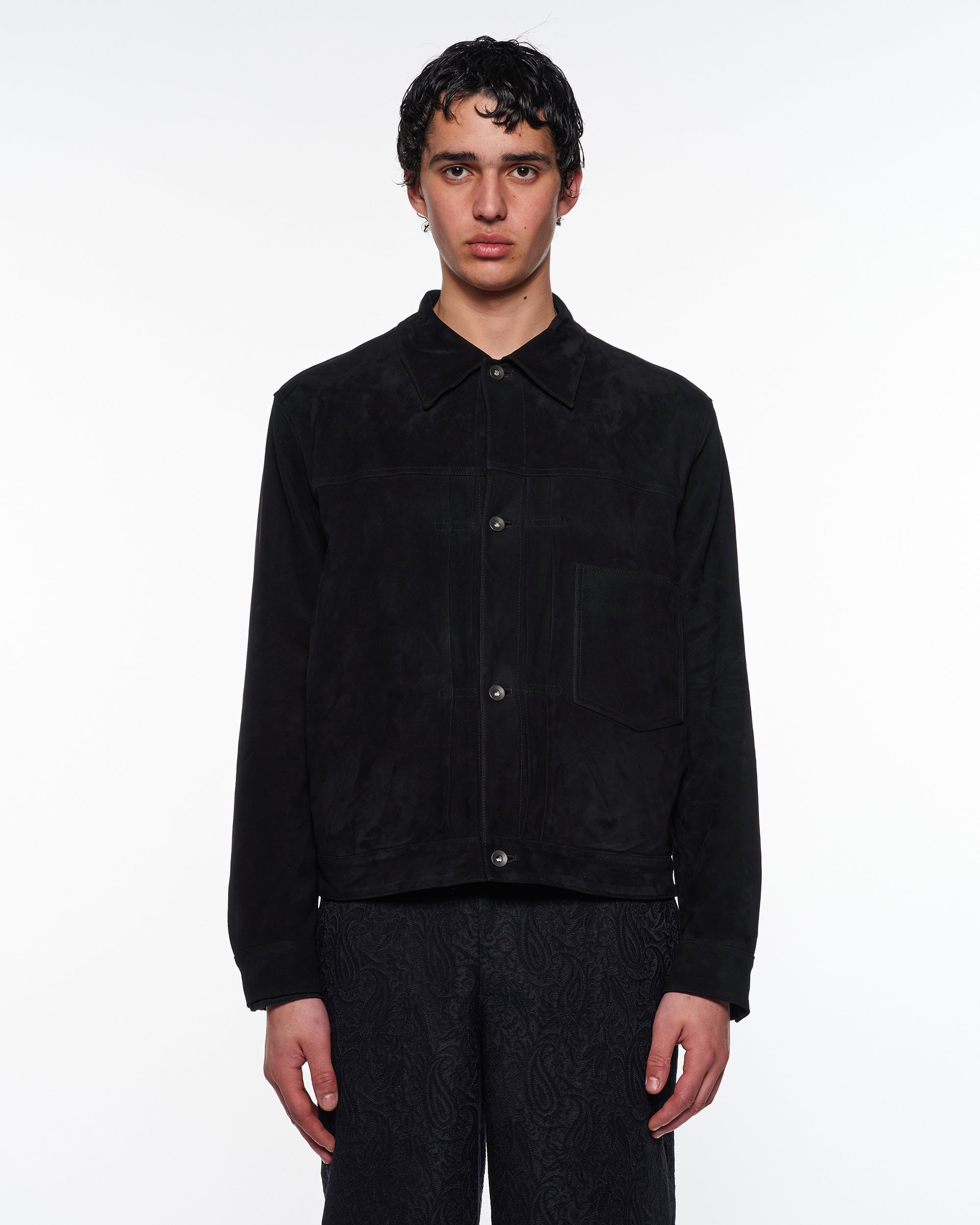 Goat Suede Suede Trucker Jacket, Black