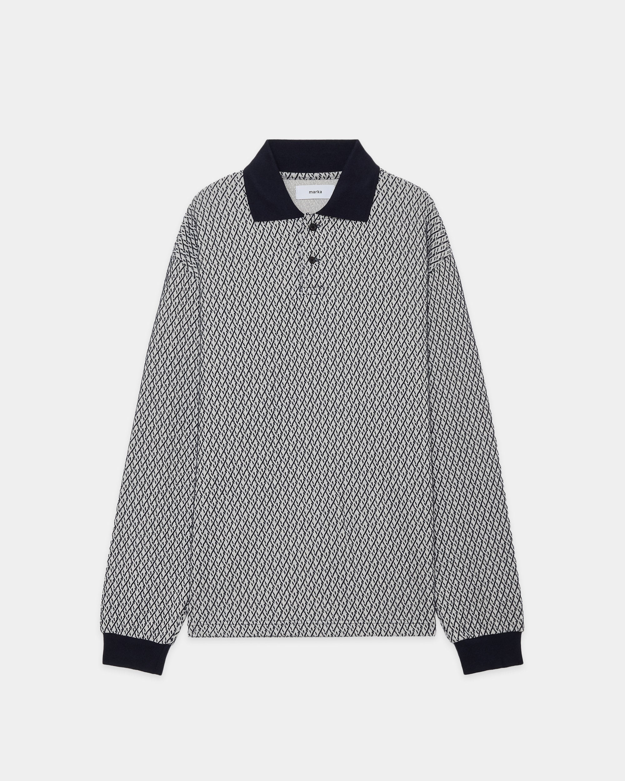 Organic Cotton Geometric Jacquard Two Button Polo L/S Tee, Black × Ivory