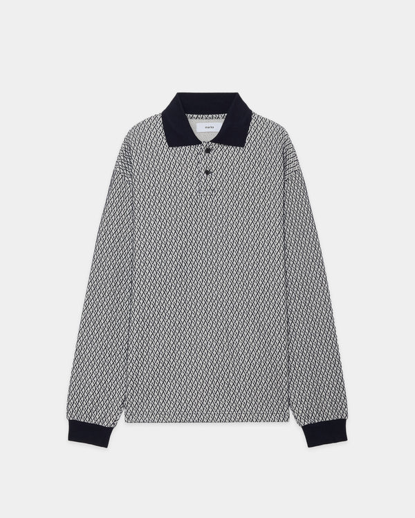 Organic Cotton Geometric Jacquard Two Button Polo L/S Tee, Black × Ivory