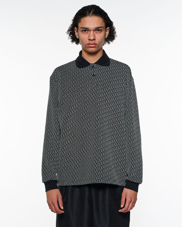 Organic Cotton Geometric Jacquard Two Button Polo L/S Tee, Ivory × Navy