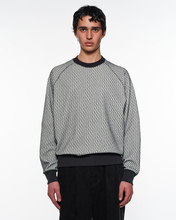 Organic Cotton Geometric Jacquard Raglan Crew Neck, Black × Ivory