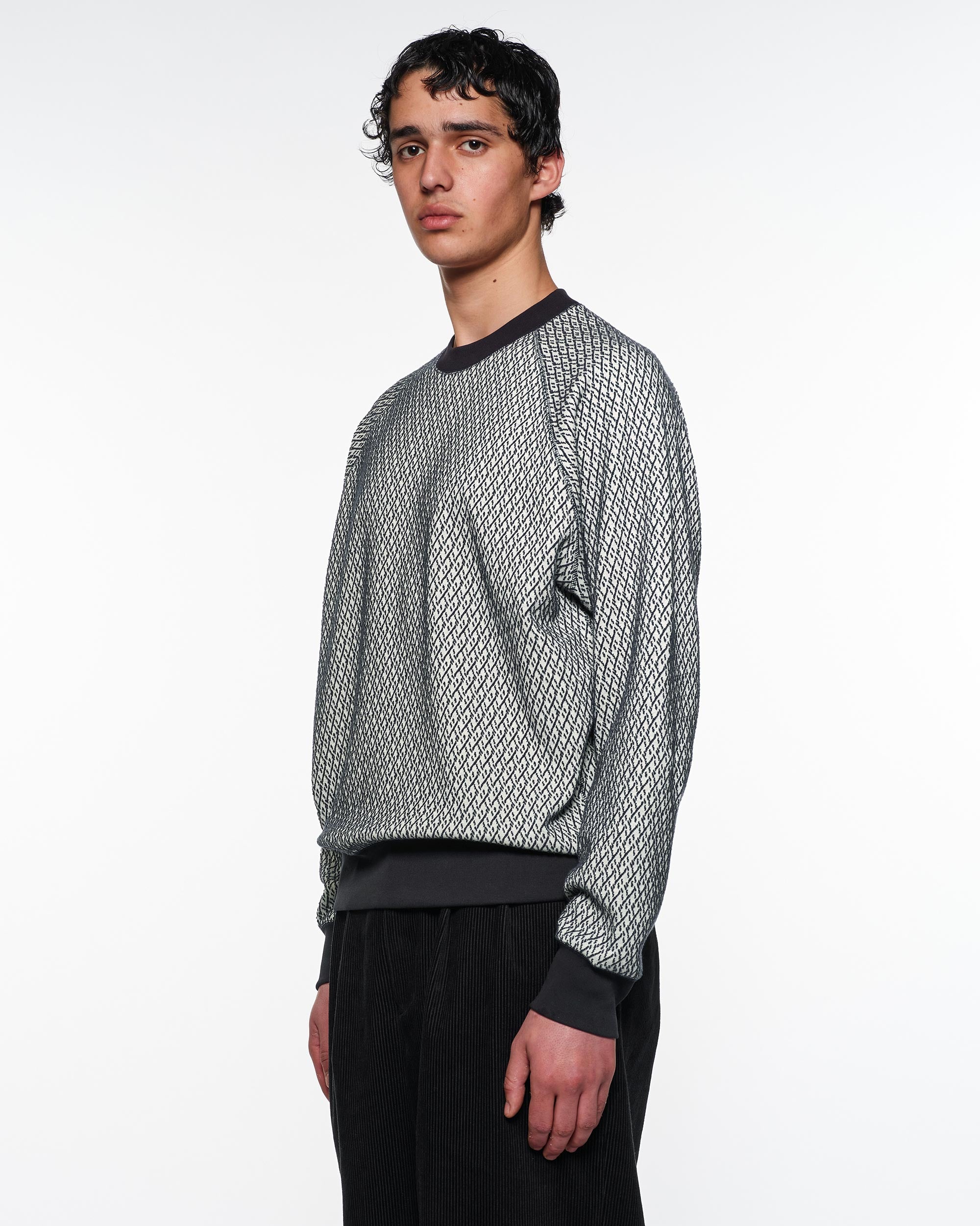 Organic Cotton Geometric Jacquard Raglan Crew Neck, Black × Ivory