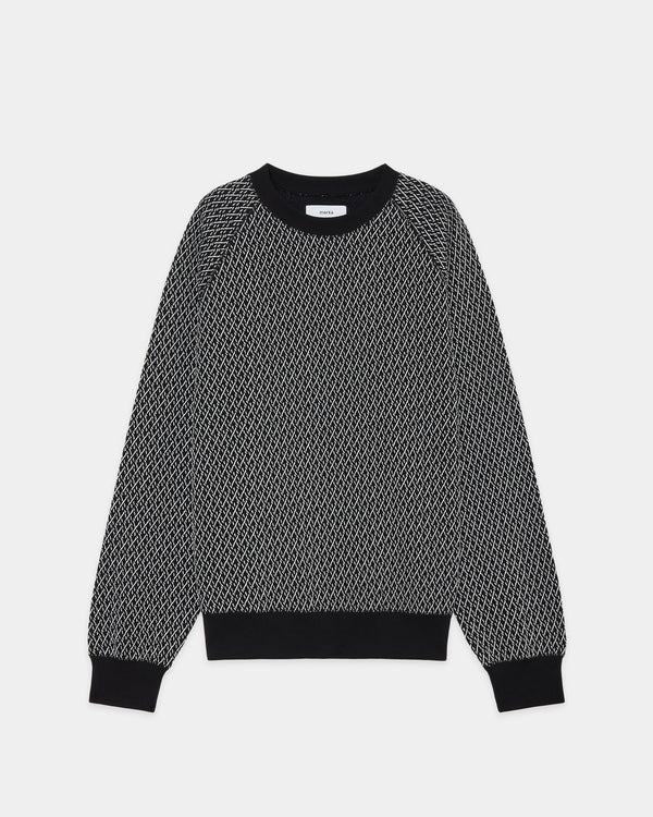 Organic Cotton Geometric Jacquard Raglan Crew Neck, Ivory × Navy
