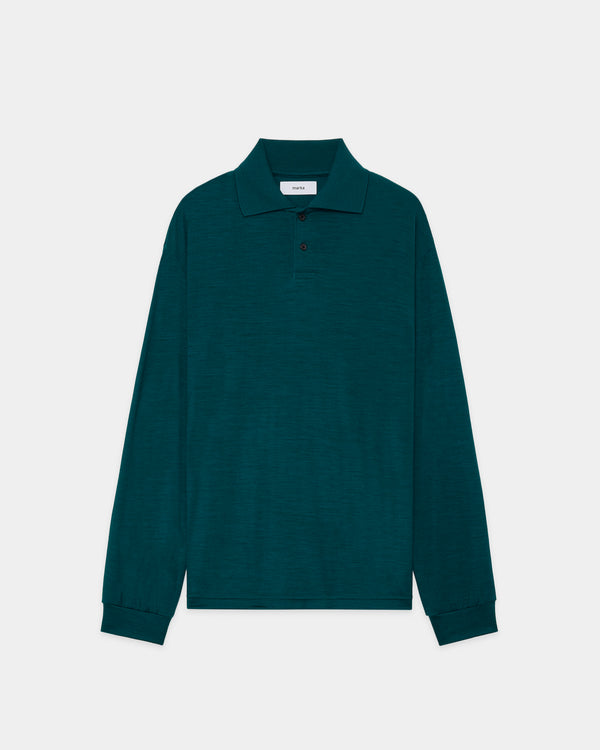 2/72 Wool Single Jersey Washable Two Button Polo L/S Tee, Dark Green
