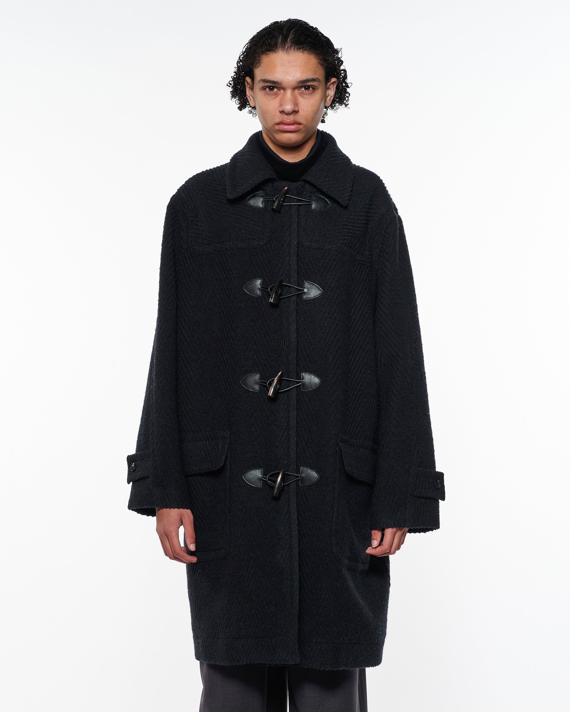 シェトランドウールオーガニックコットン ビッグ へリンボン / ダッフルコート, Top Black