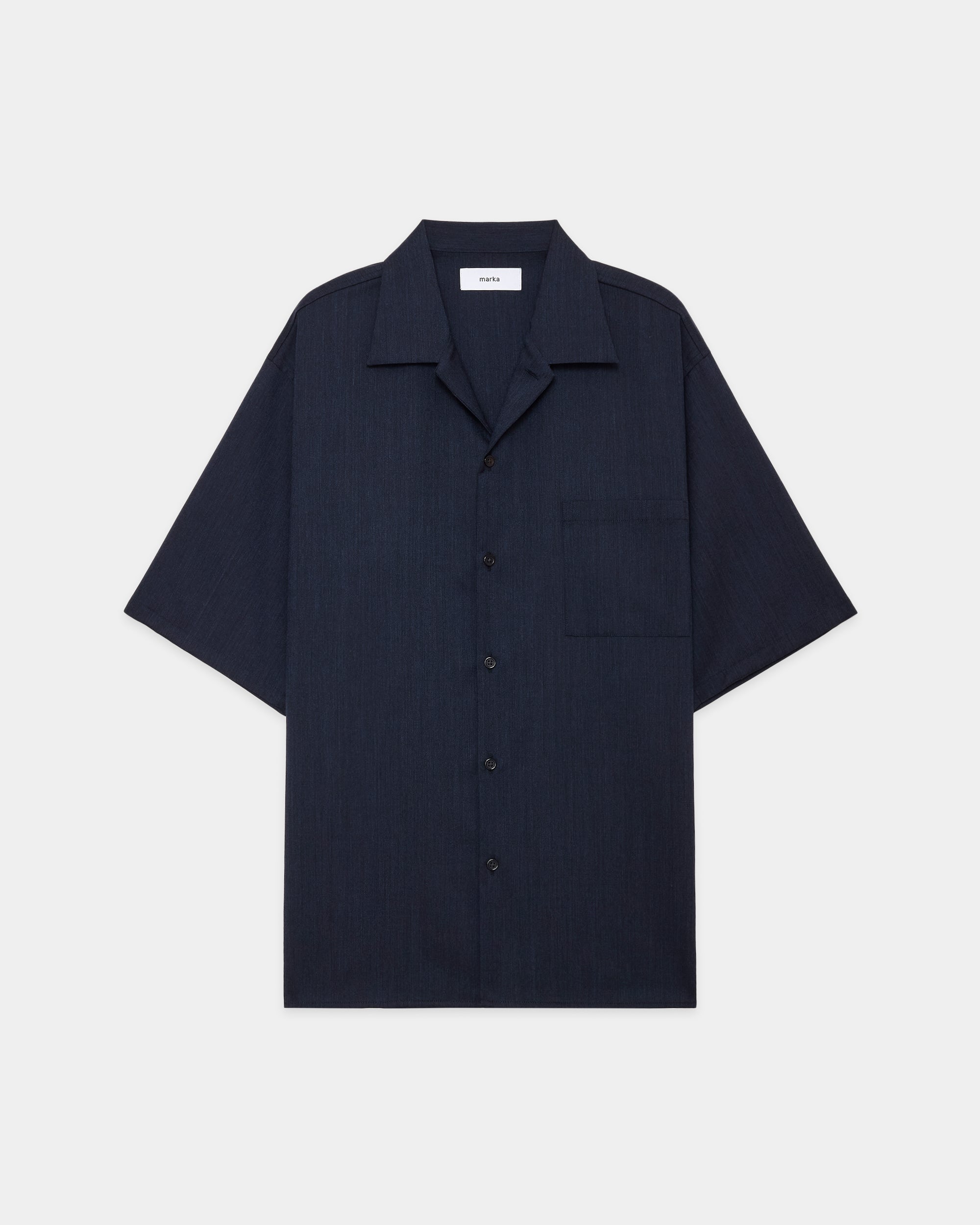 2/60 WOOL TROPICAL MELANGE OPEN COLLAR S/S SHIRT, Dark Navy