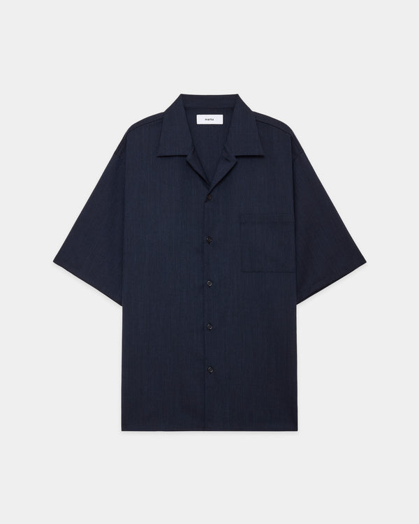 2/60 WOOL TROPICAL MELANGE OPEN COLLAR S/S SHIRT, Dark Navy