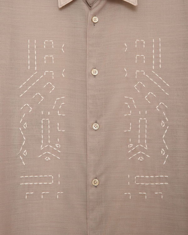 Wool×Recycle Polyester Tropical Embroidery Regular Collar Shirt, Beige