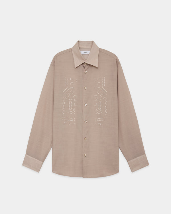 Wool×Recycle Polyester Tropical Embroidery Regular Collar Shirt, Beige