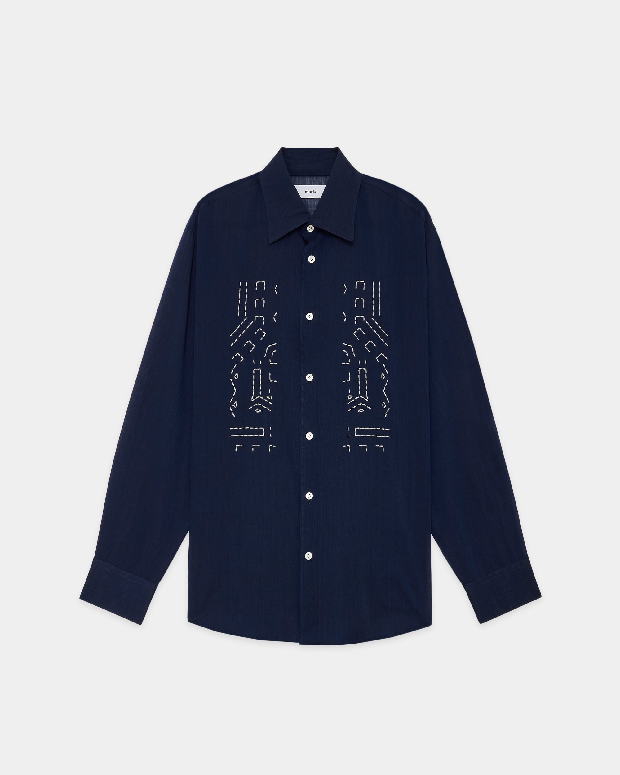 ウールリサイクルポリエステルトロピカル / エンブロイダリーレギュラーカラーシャツ, Dark Navy