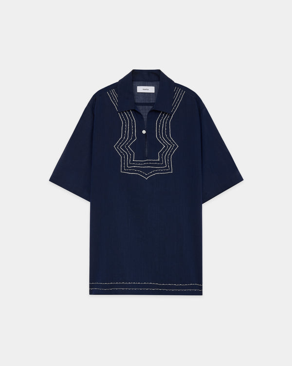 Wool×Recycle Polyester Tropical Embroiderr Skipper S/S Shirt, Dark Navy