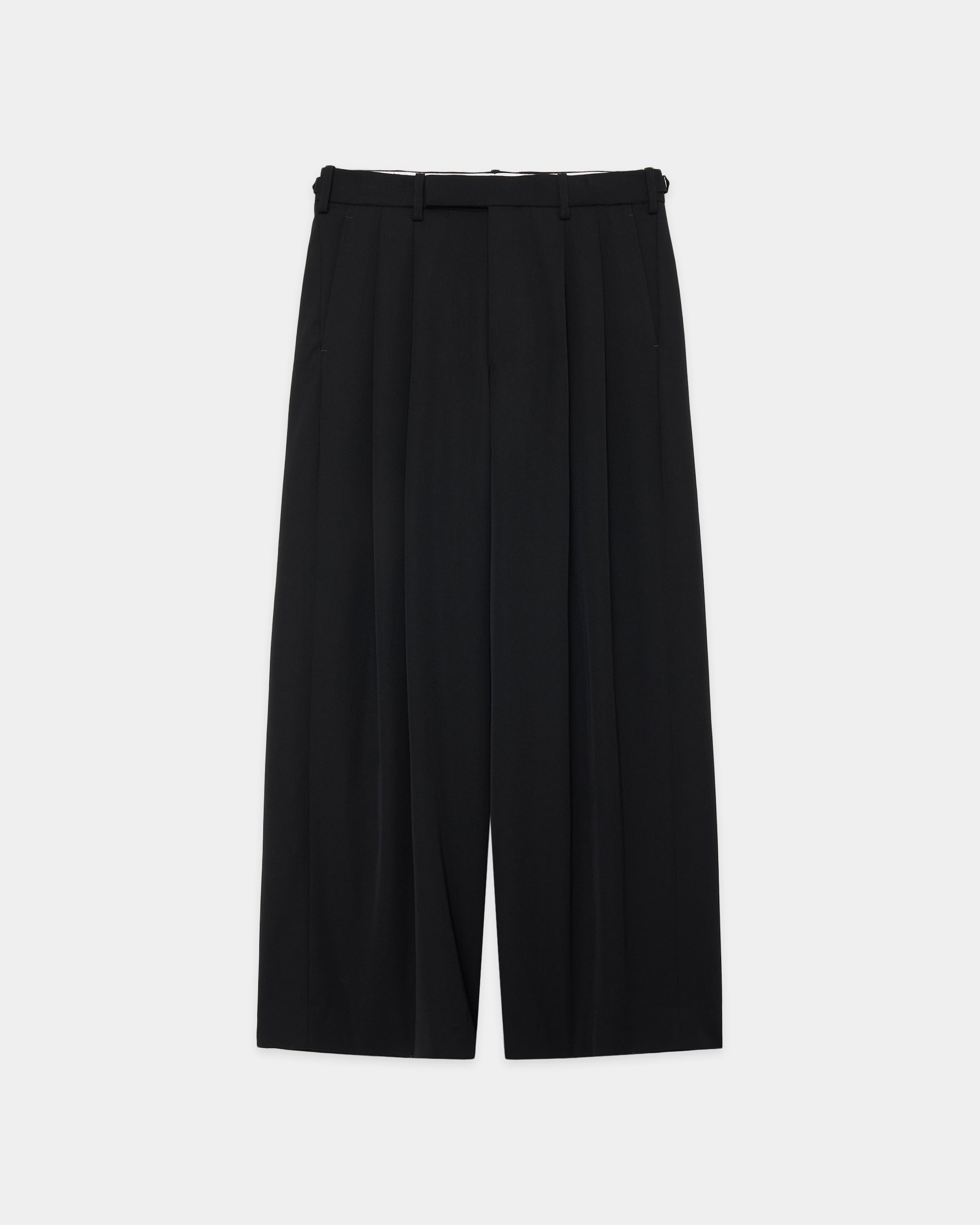 2/60 Washer Wool Gabardine Two Tuck Baggy Trousers, Black