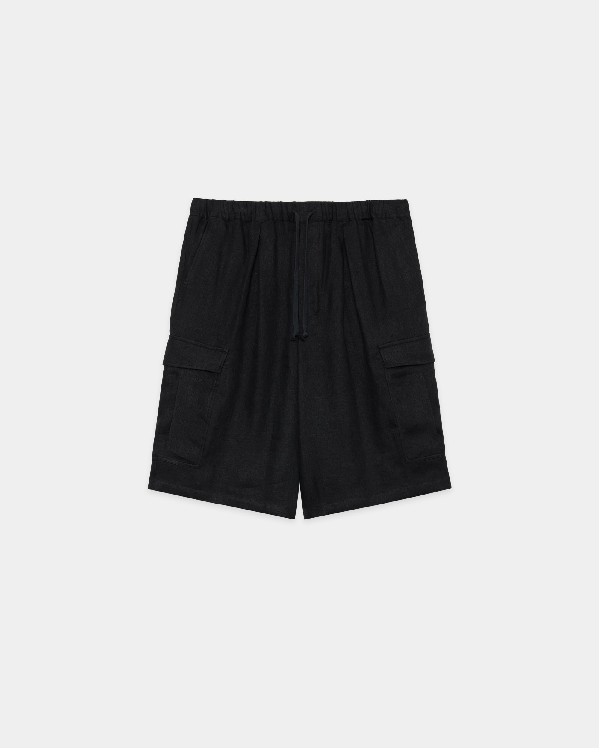 リネンガーゼダブルクロス ワイドカーゴショーツ, Black