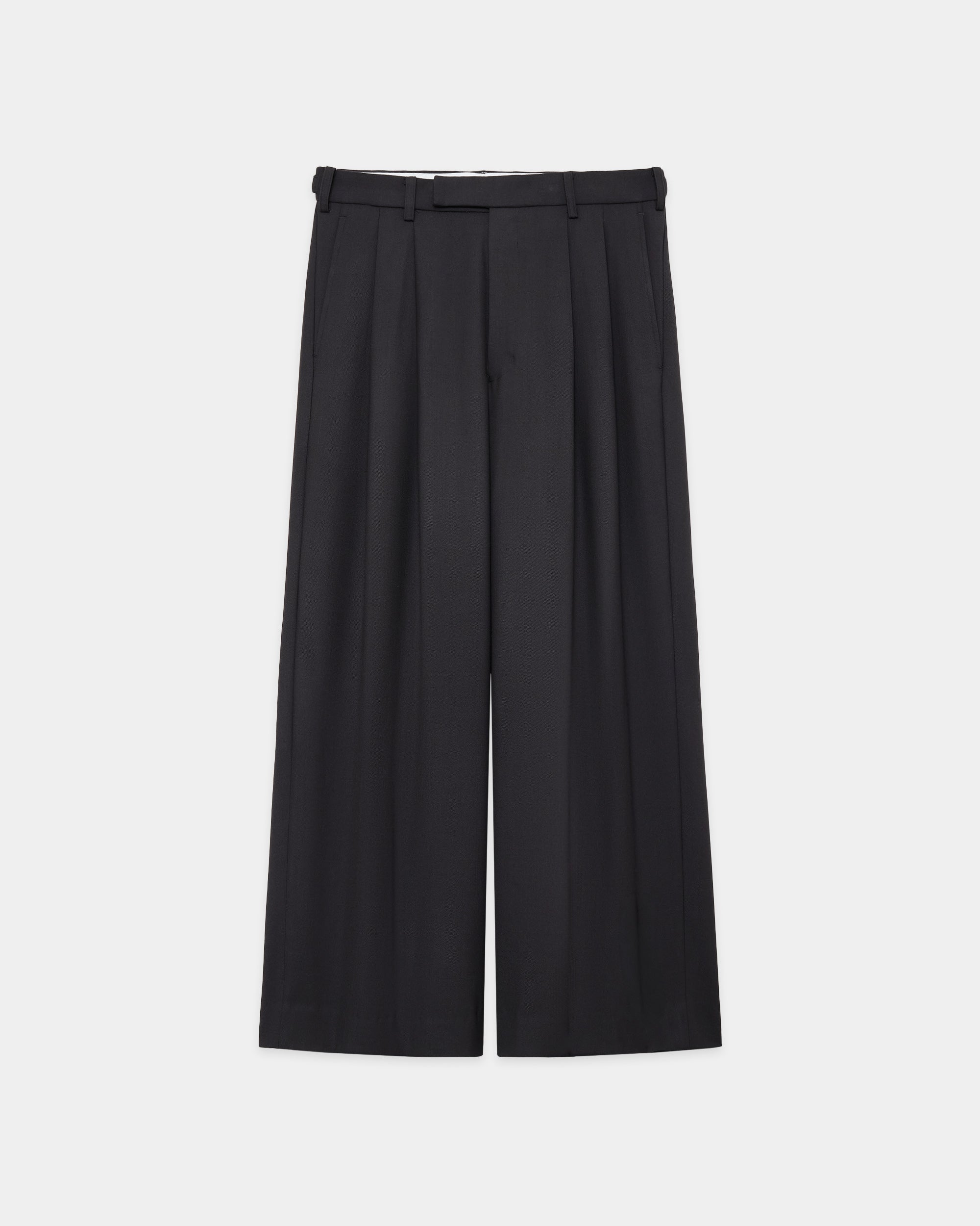 Recycled Polyester Wool Gabardine / Double Pleated Baggy Trousers, Charcoal Gray