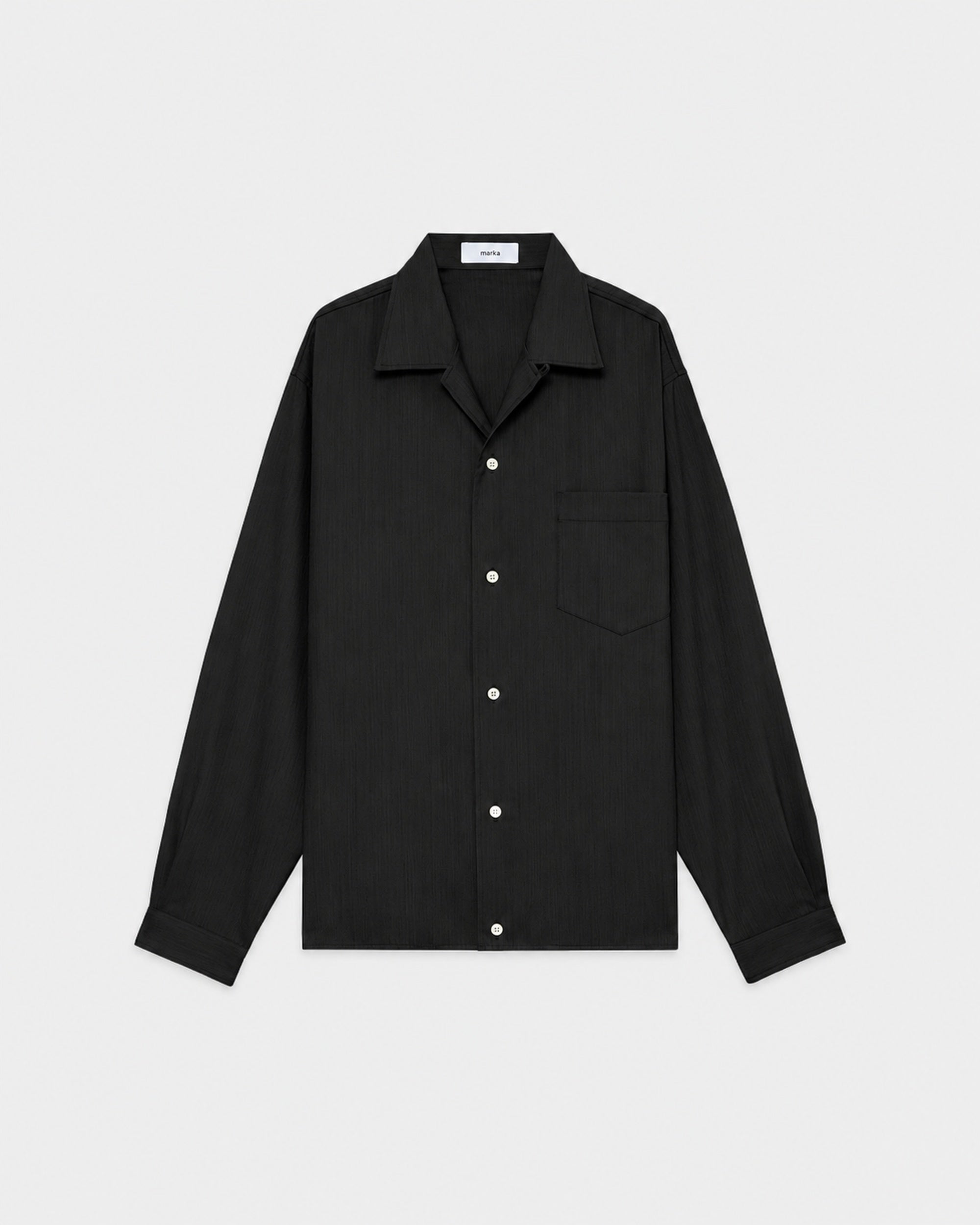 【PARKING Special Order】2/60 Wool Tropical Melange / Open Collar L/S Shirt With Hem Tab, Black