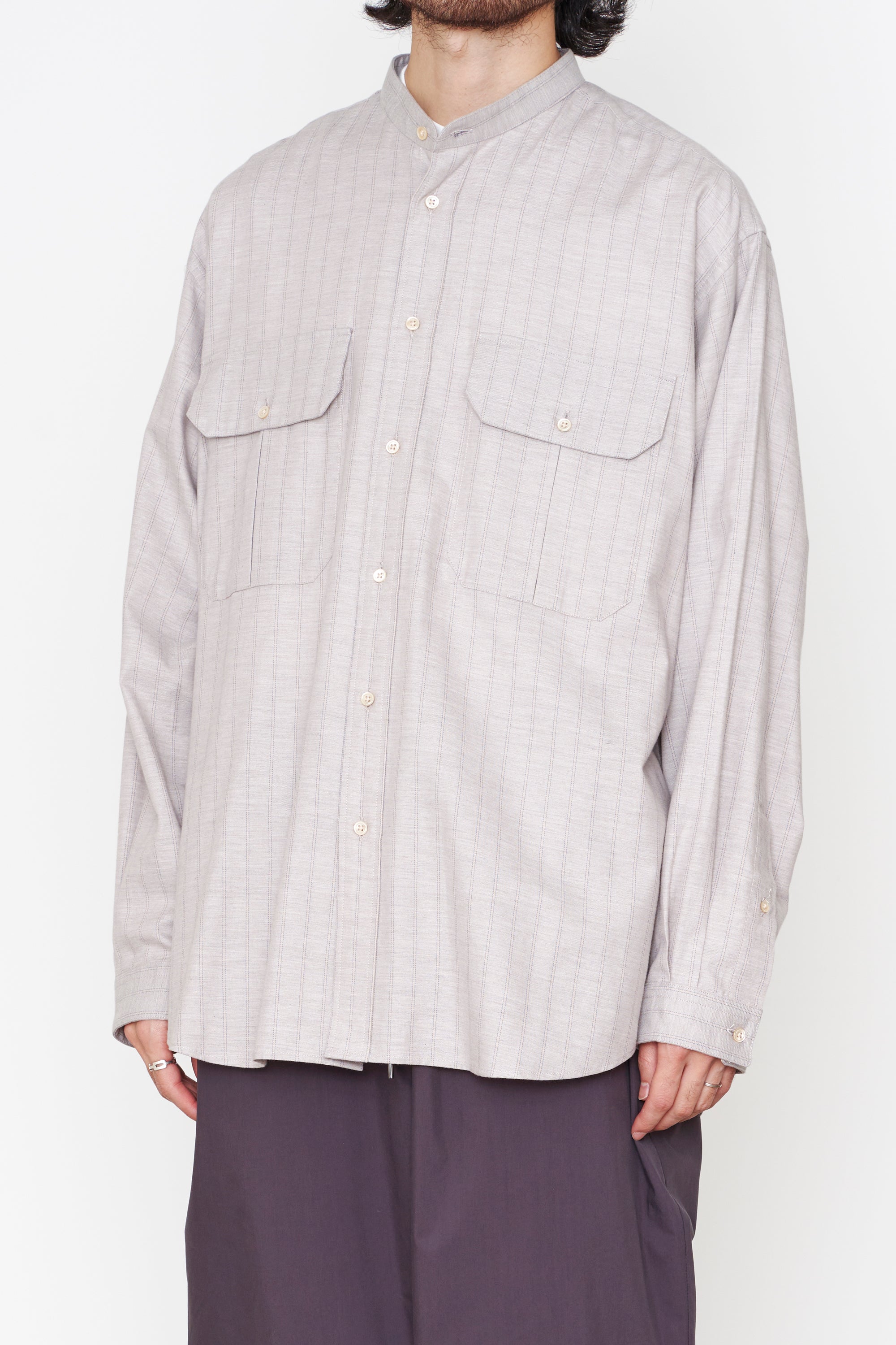 Stripe Viella W Pocket Band Collar Shirt, Graige