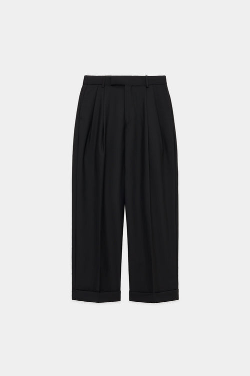 Organic Wool Tropical Double Pleated Classic Wide Trousers, Black
