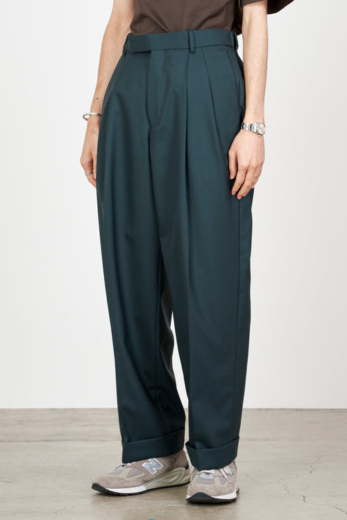 Organic Wool Tropical Double Pleated Classic Wide Trousers, Green