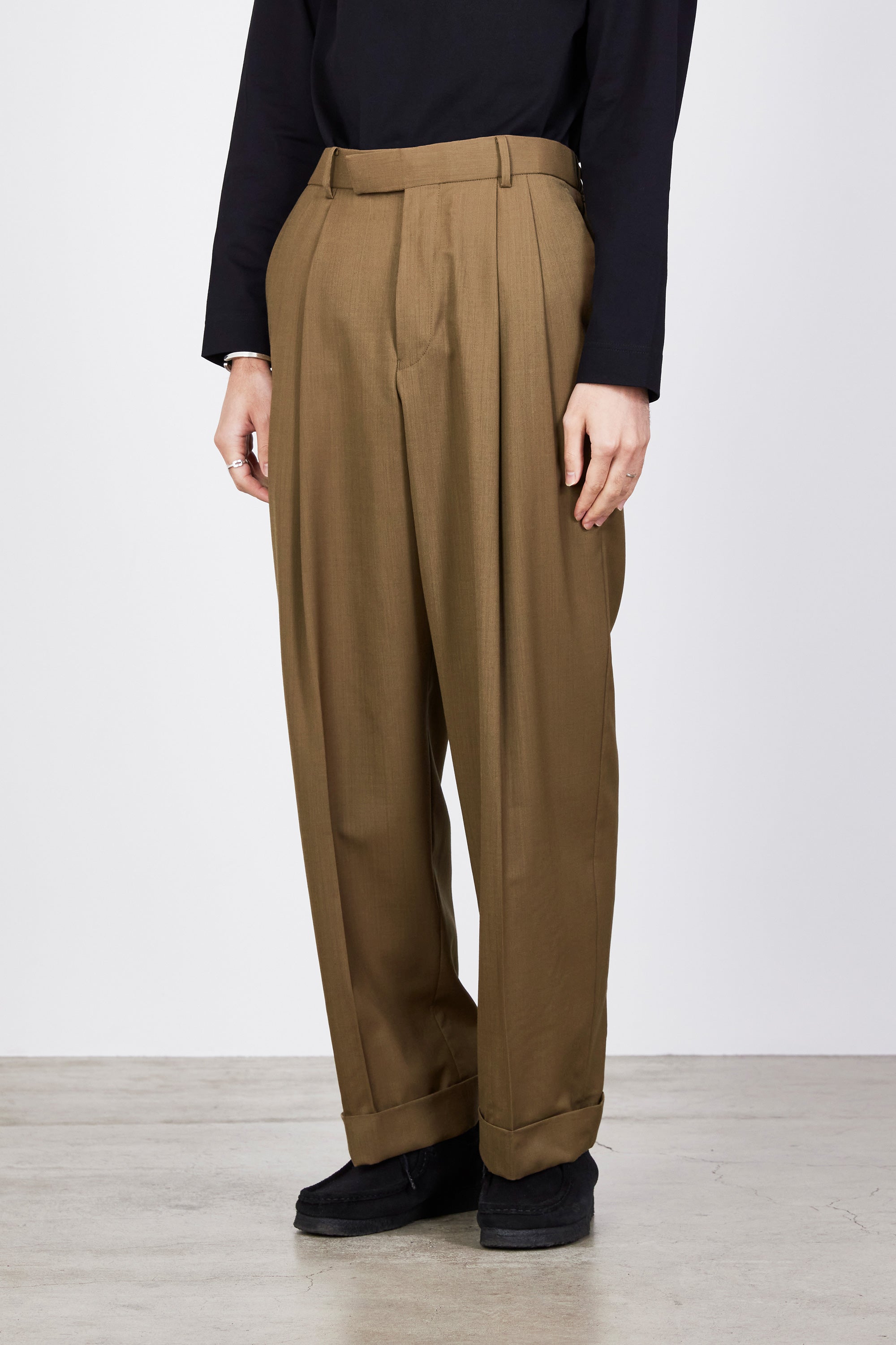 SUPER 120'S WOOL TROPICAL DOUBLE PLEATED CLASSIC WIDE TROUSERS 