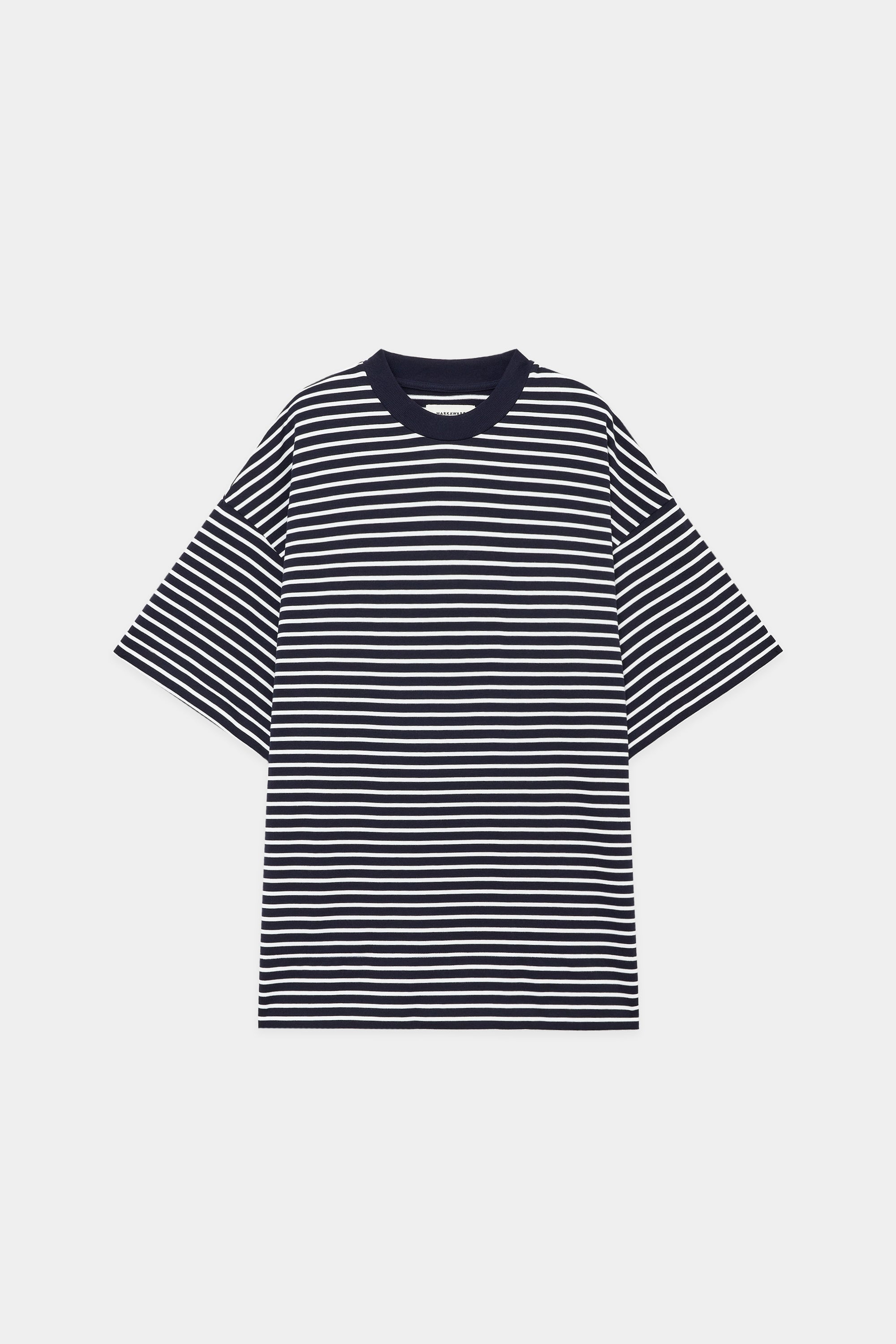 ORGANIC PIMA 60//2 STRIPE BOX Tee S/S, Navy × White