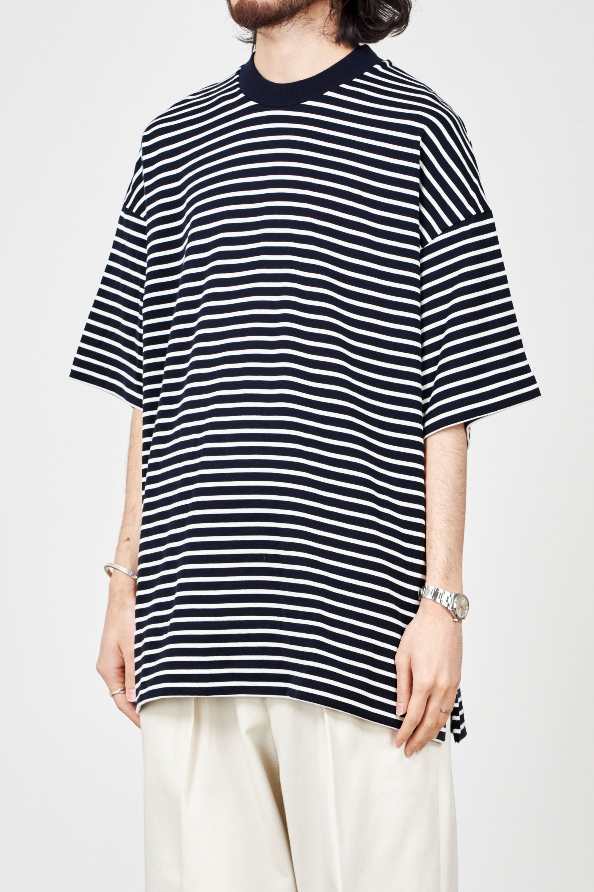 ORGANIC PIMA 60//2 STRIPE BOX Tee S/S, Navy × White