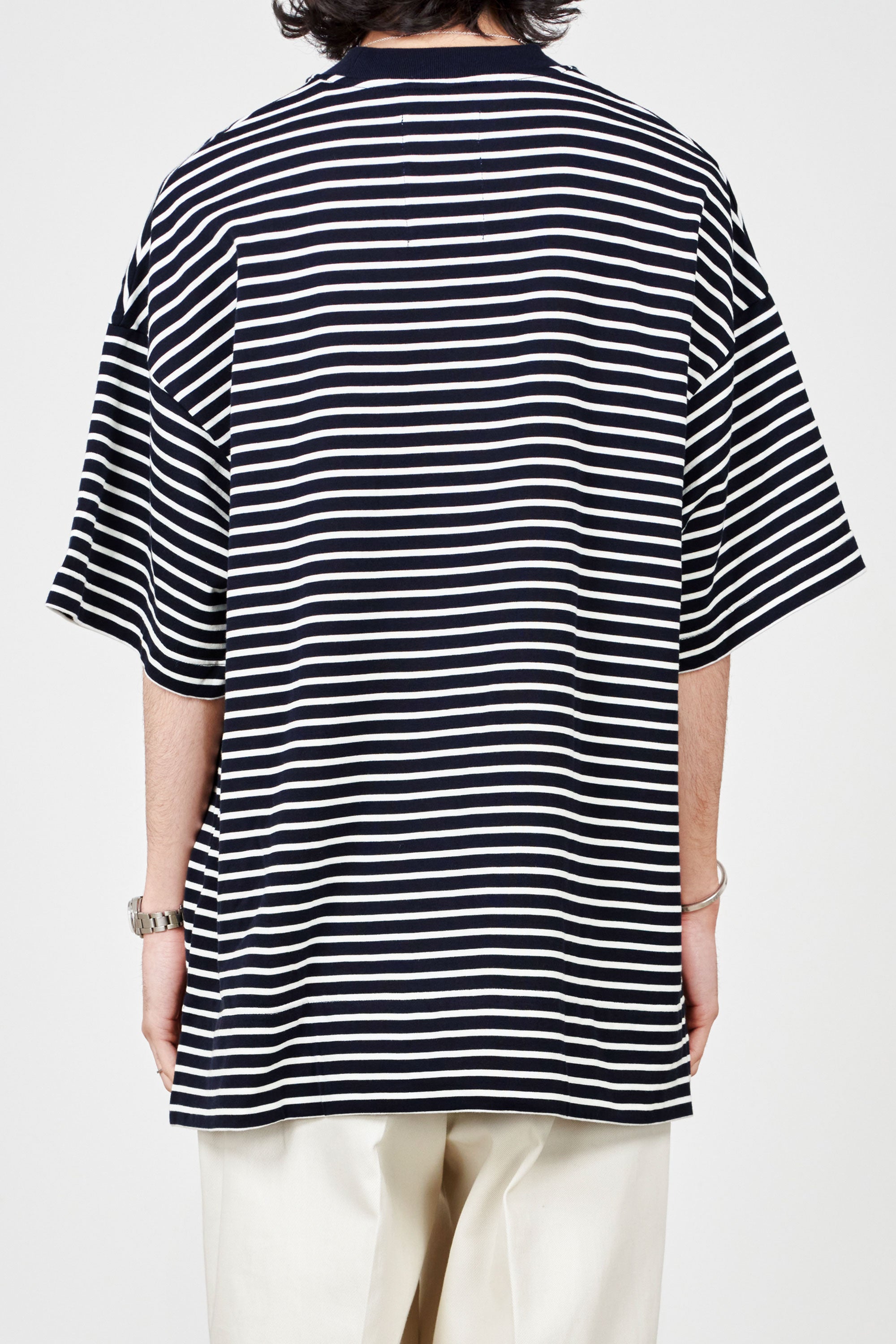 オーガニックコットン コンパクト 60//2 ボーダー天竺 ボックスTee S/S, Navy x White