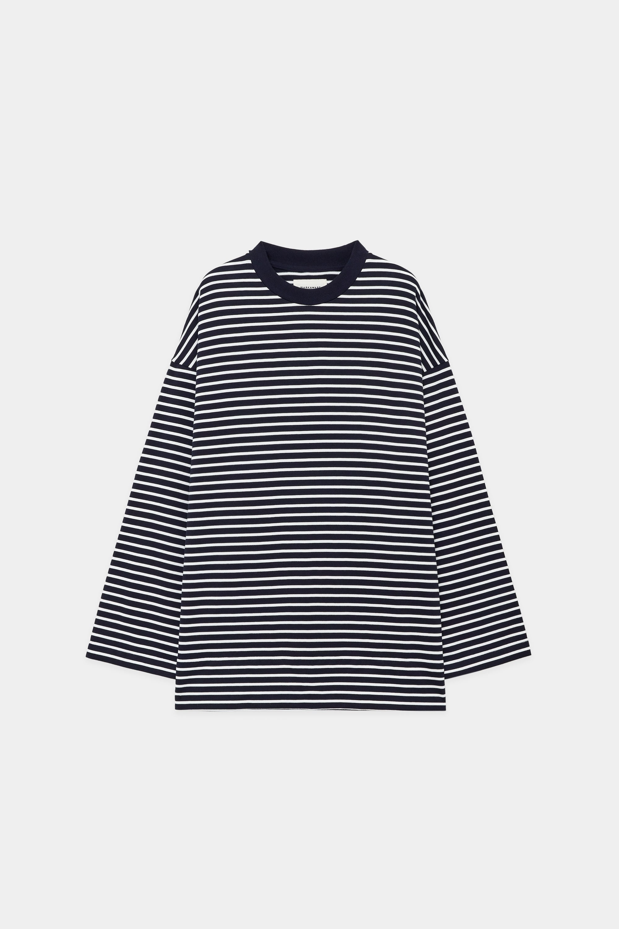 ORGANIC PIMA 60//2 STRIPE BOX Tee L/S, Navy × White