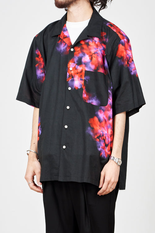オーガニックコットンローン フラワープリント / オープンカラーシャツ S/S, Black