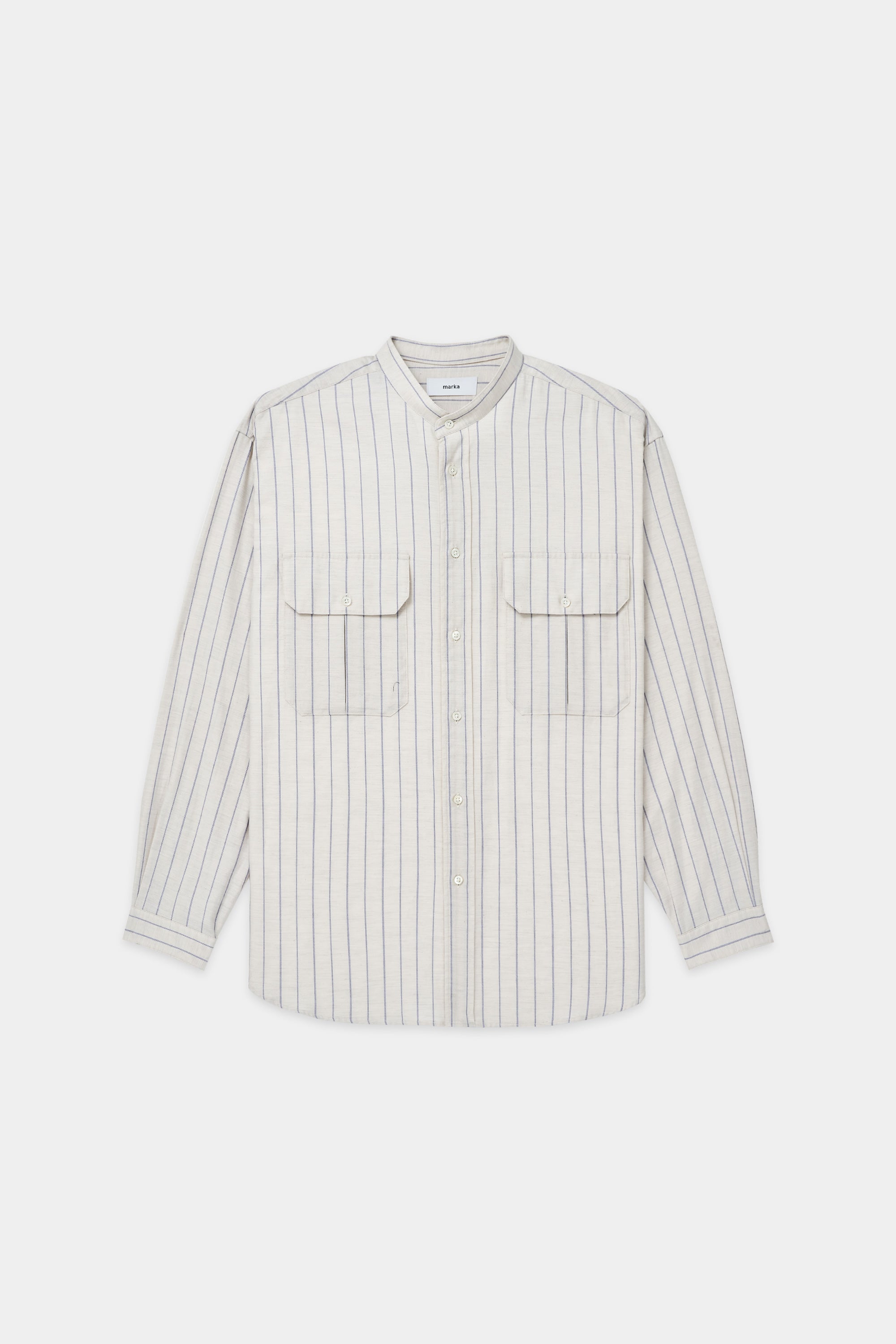 Stripe Viella W Pocket Band Collar Shirt, Ivory