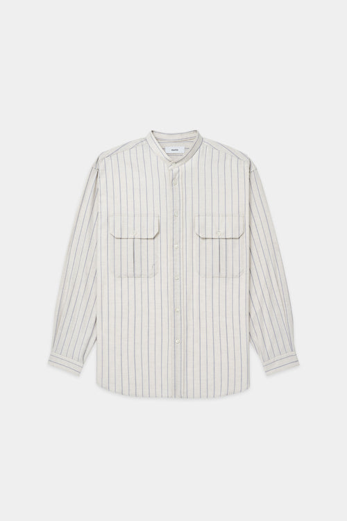 Stripe Viella W Pocket Band Collar Shirt, Ivory