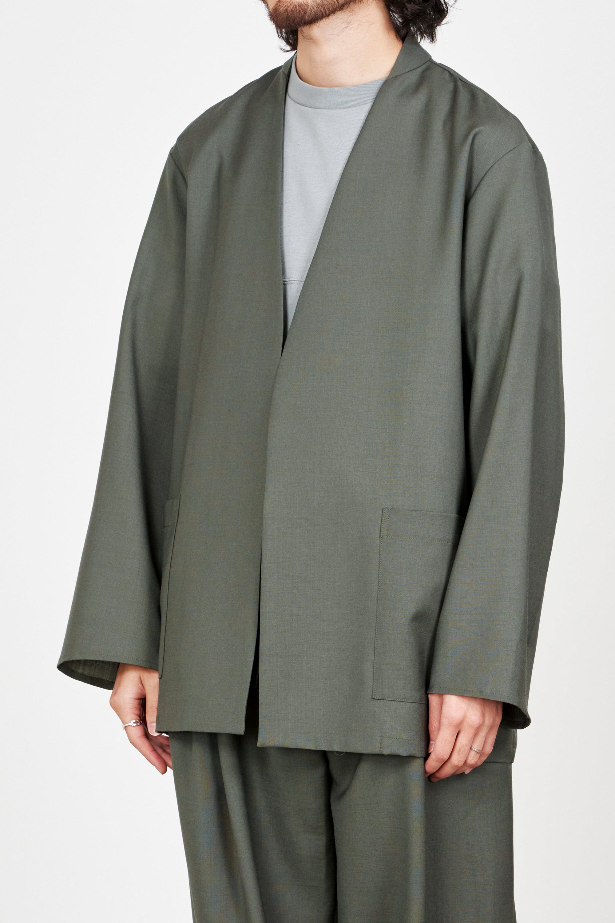 Organic Wool × Mohair Tropical Lapelless Shirt Jacket, Sage Green