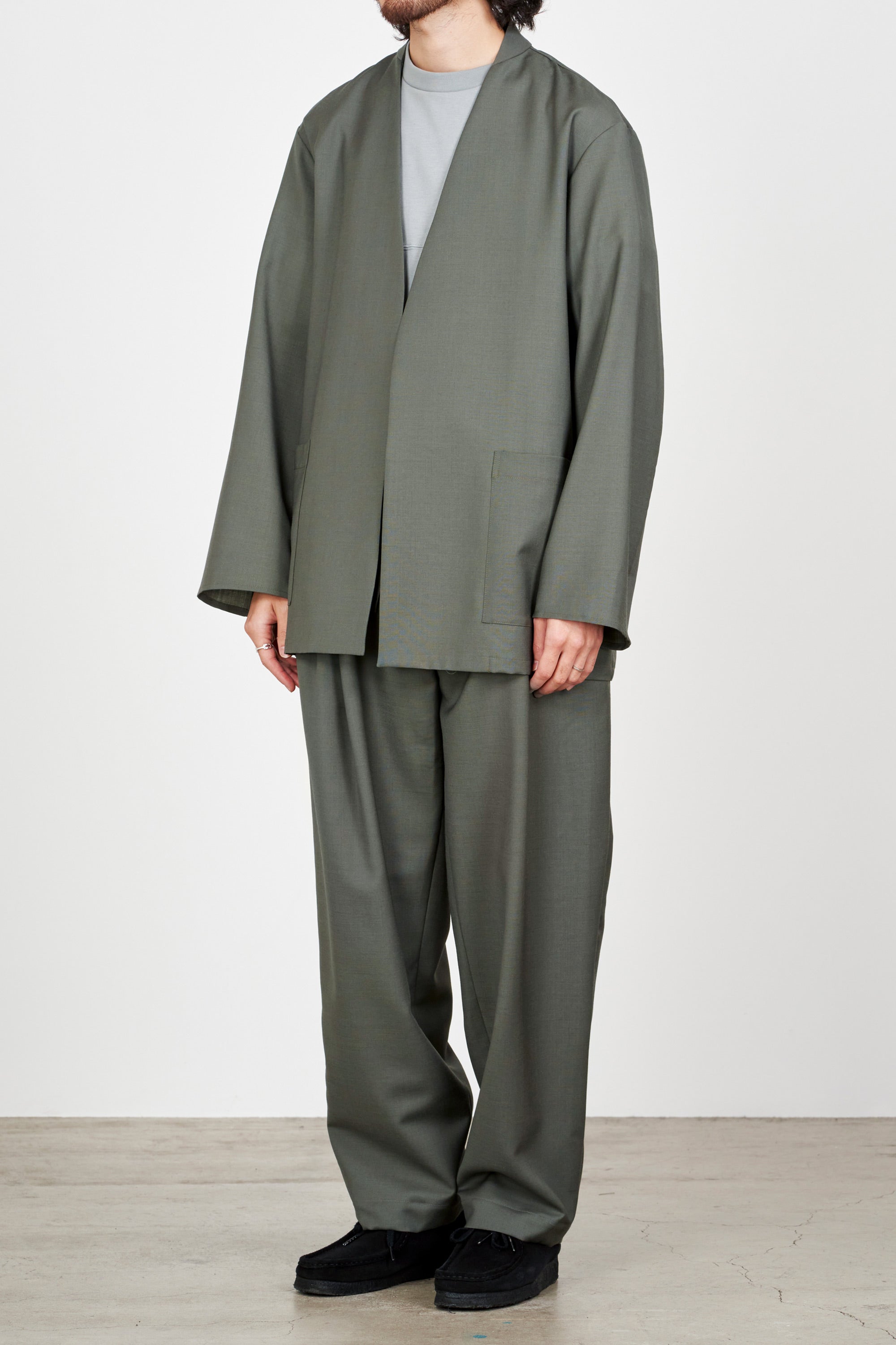 Organic Wool × Mohair Tropical Lapelless Shirt Jacket, Sage Green 