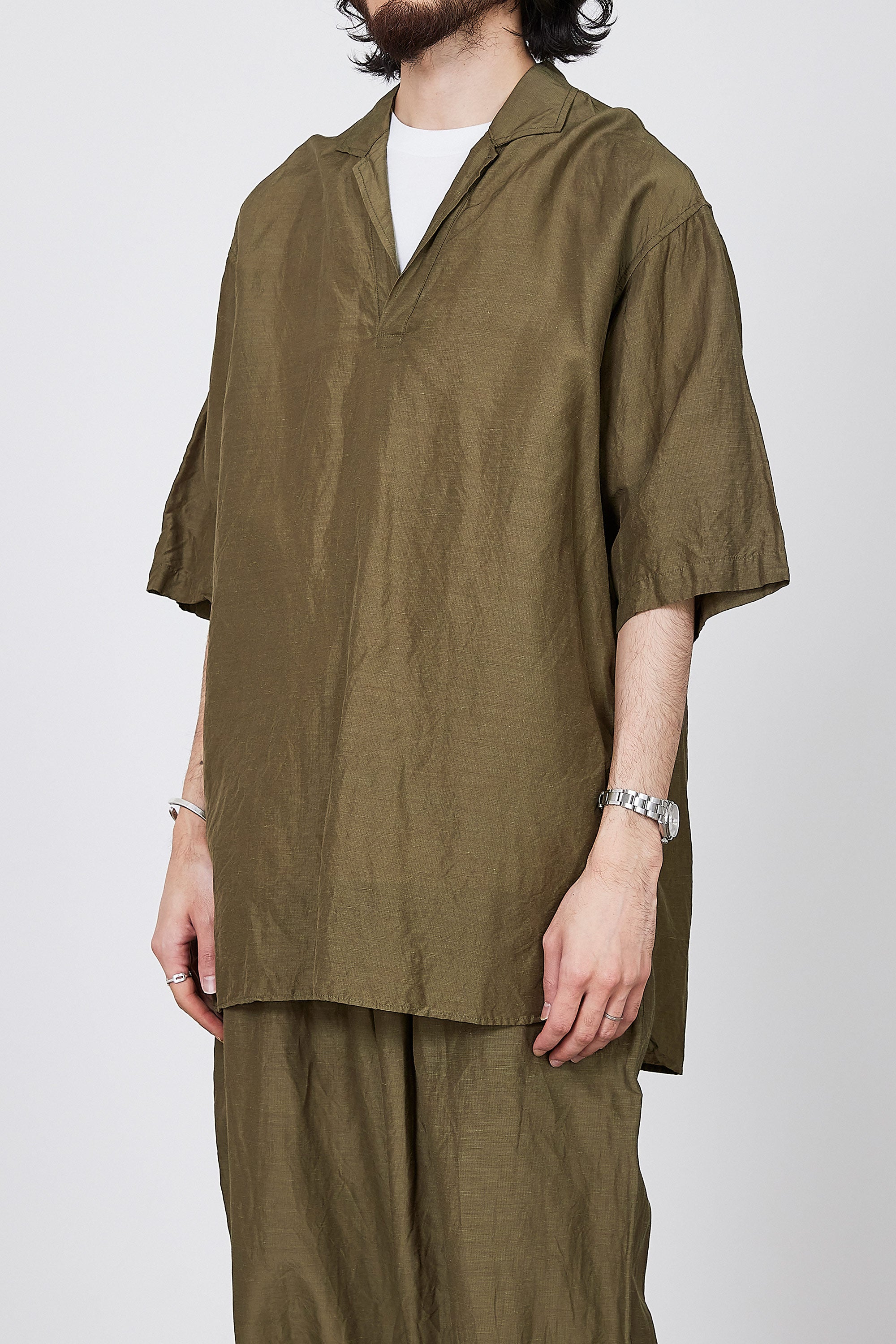 CUPRO LINEN NEP CLOTH SKIPPER SHIRT, Olive Khaki